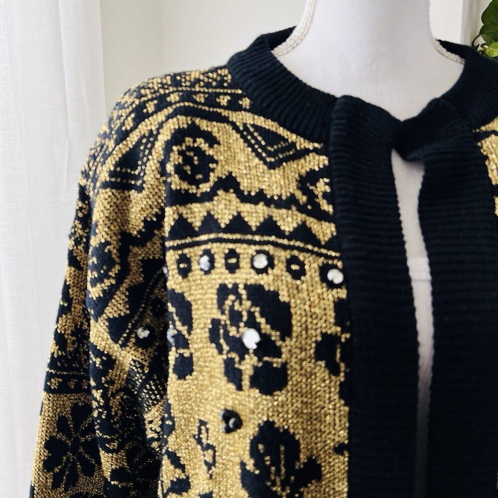 Vintage Maurada Gold & Black Metallic Shimmery Long Cardigan Sweater - XL
